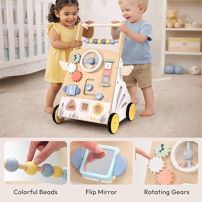 Wooden Baby Walker，Baby Push Walker, Montessori Walker for Babies 12 Months， Baby Sit-to-Stand Learning Walker Toys Gift for Boys and Girls