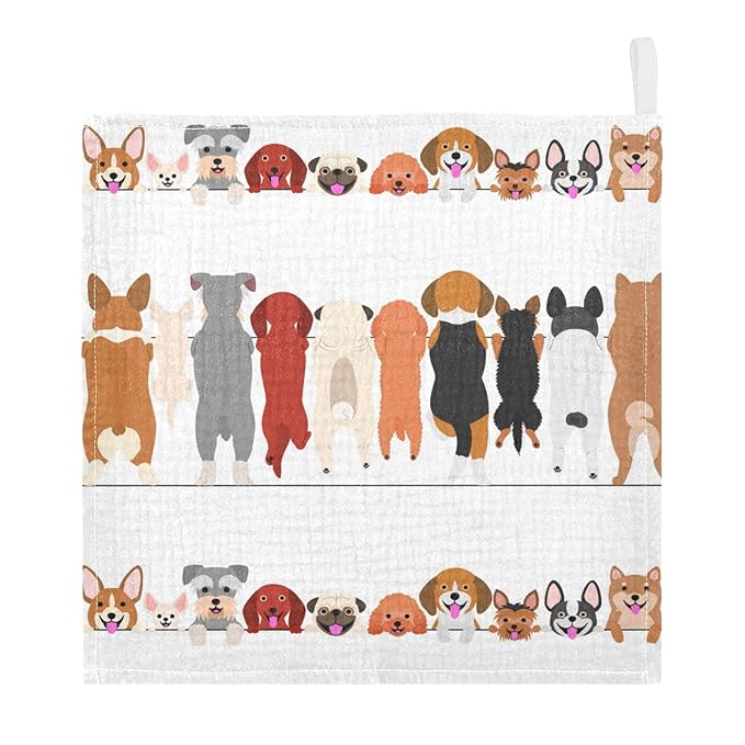Dog Faces Baby Muslin Washcloths Cute Burp Cloths Soft Absorbent Baby Wash Cloth Fingertip Face Towels for Newborn Boys Girls 12 x 12 in, 5 Pack
