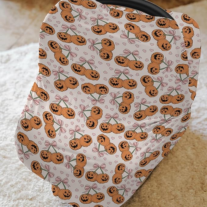 Pumpkins Cherries Orange Pink Bows Love Car Seat Cover for Babies Fall Autumn Girly Stretchy 5-in-1 Cover Adjustable Infant Carseat Cover Canopy Vintage Halloween Pumpkin Breathable Nursing Cover-Up