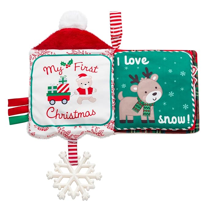Soft Plush 5 inches Crinkle Activity Book with Teether, Satin Ribbons and Travel Strap, Santa Embroidery, Christmas Red