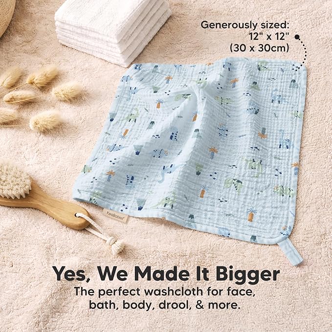 5-Pack Muslin Baby Washcloths for Newborn – 12x12" Soft Absorbent Organic Cotton Muslin Wash Cloths for Babies Girl, Boy, Infant, Toddlers, Kids Face Towel, Bath Essentials, Baby Burp Rags (Dino Park)