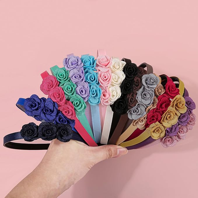 XIMA 16pcs Small Rose Flower Headbands for Girls Toddlers Kids Teens Children and Women,Girls Hair Bands Made of 3pcs Fabric Rose Flower for Hair Accessories