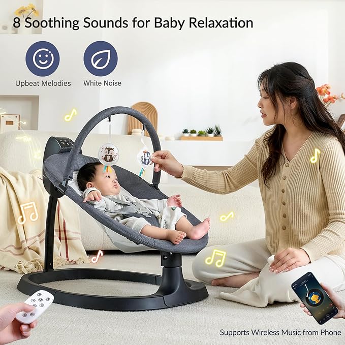 VaVaSoo 2-in-1 Electric Baby Swing, Toddler Seat up to 66 lbs, Dual-Arm Support for Enhanced Stability, 3 Swing Motions & 8 Soothing Sounds, Baby Rocking Chair with Remote,Adjustable Height, Dark Gray