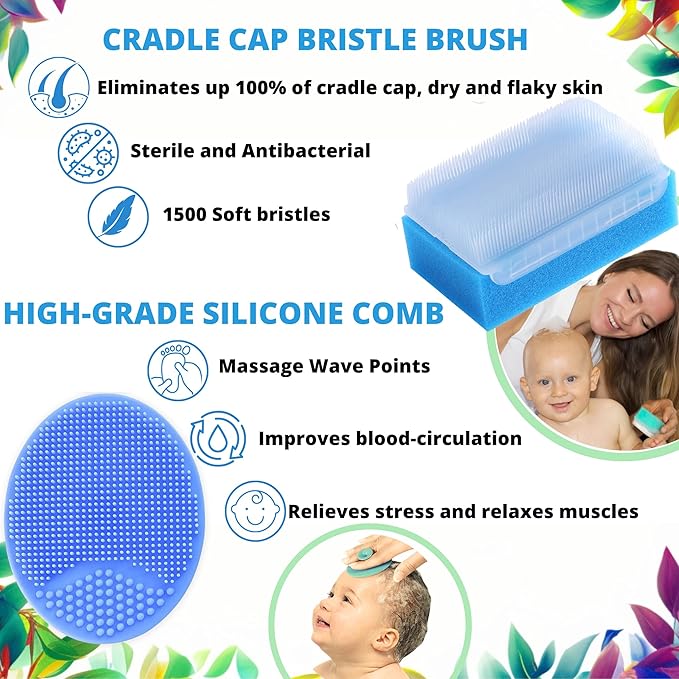 Cradle Cap Brush for Babies - Cradle Cap Treatment | Baby Sponge for Bathing | Baby Brush and Comb Set Newborn | Baby Comb & Scalp Scrubber (Set of 6)