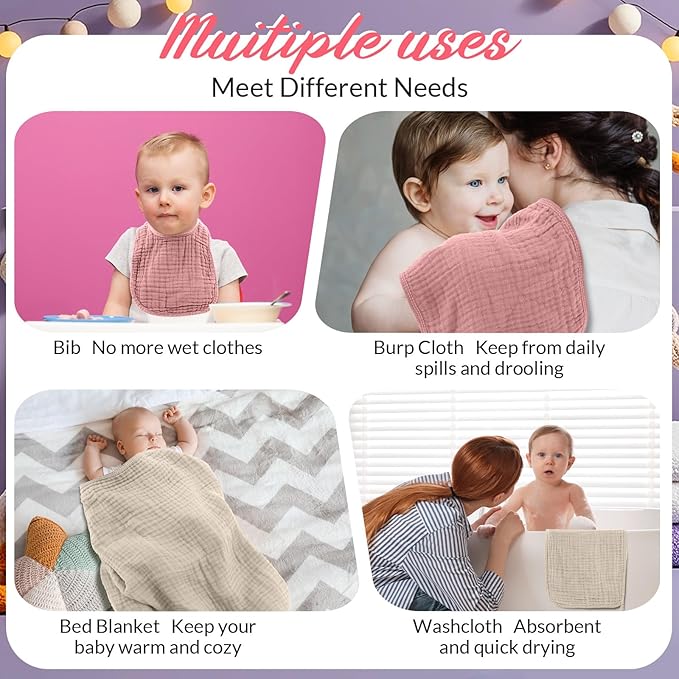 Hahafelt 6 Pcs Muslin Hooded Bath Towels Washcloths and Bibs Set, Muslin Cotton Baby Towels Absorbent Hooded Blanket Towel Infant Bibs for Boys Girls Newborn Infant Essential(Pink, Brown)