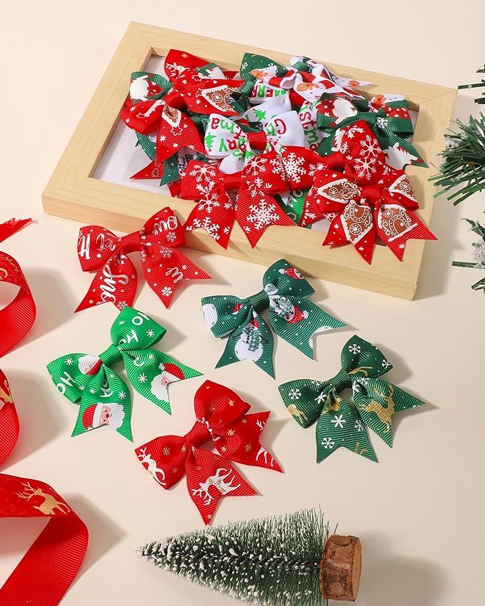 Jollybows 20pcs Christmas hair bows Baby Hair Clips Girls Bows Mini Alligator Clip Toddler Pigtail Bow Fine Hair Clip Christmas hair accessories-Green, Red, White