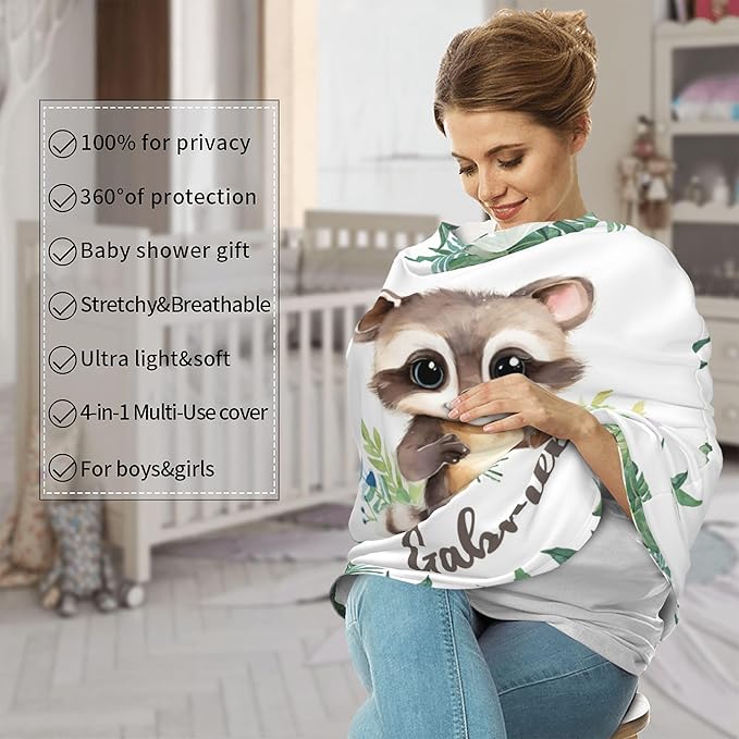 Personalized Car Seat Covers for Babies with Name – Multi-use Breastfeeding Cover Custom Raccoon Carseat Canopy Cover, Infant Stroller Covers for Boys and Girls