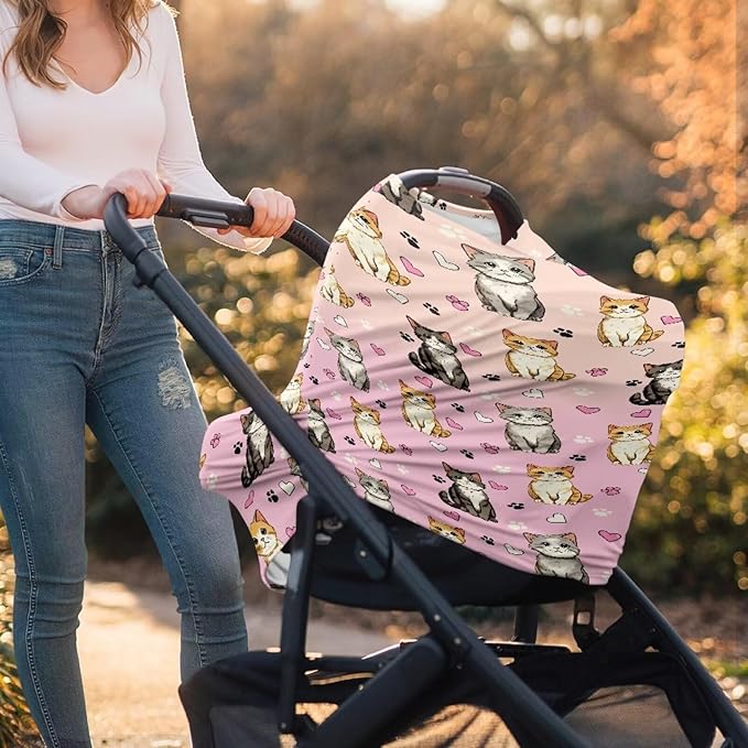 GIFTPUZZ Cute Cat Stretchy Car Seat Cover for Babies, Nursing Cover Breastfeeding Cover, Soft Breathable Infant Carseat Canopy, Shopping Cart/High Chair/Stroller Covers, Universal