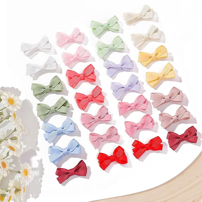 28 Pack 2'' Mini Bow Snap Clips,Baby Girls Grosgrain Ribbon Bows Tiny Hair Clips Fine Hair for Girls Infants Toddlers