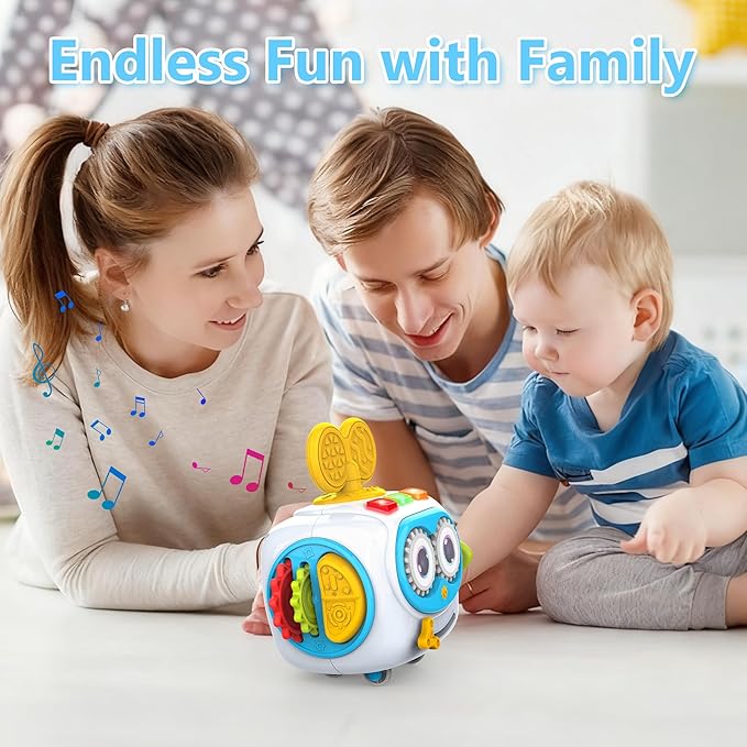 Musical Montessori Toys, Cube Sensory Toys for Toddlers 1-3 with Light-up, Baby Busy Educational Learning Activities Robot Toy for for 1 2 3 Year Old - Blue