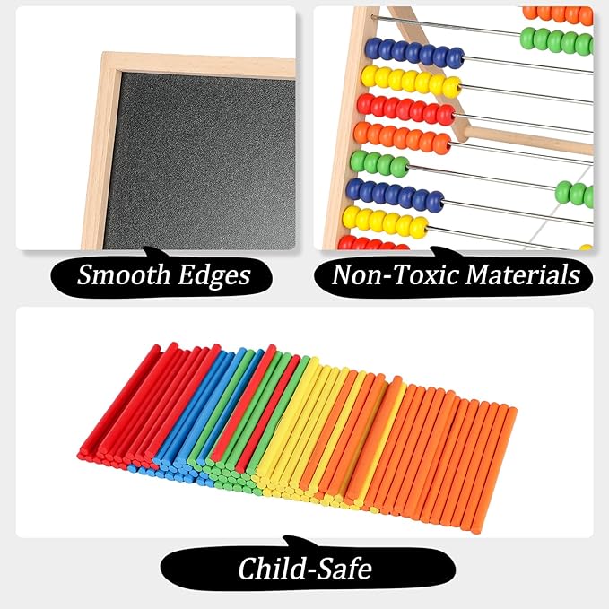 Wooden Abacus for Kids Math – Double-Sided Drawing Board with 100 Counting Sticks, 3 Sets Cards, Clock & Accessories, Educational Learning Toy for Ages 3-8, Homeschool & Preschool Essentials