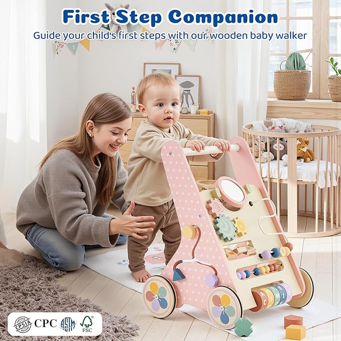Pink Baby Push Walker for Girls 10+ Months, Wooden Baby Walker Push Toy with Storage, Learning to Walk, Montessori Walker Toy with Wheels, Toddler Activity Center for 12-18 Months