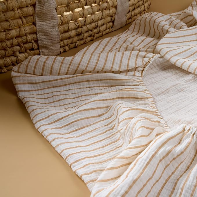 Meracorallo Muslin Mini Crib Sheet, Pack n Play Fitted Sheet, Soft and Breathable Pack and Play Playard Mattress Sheet for Baby Boys and Girls (Neutral Stripe)