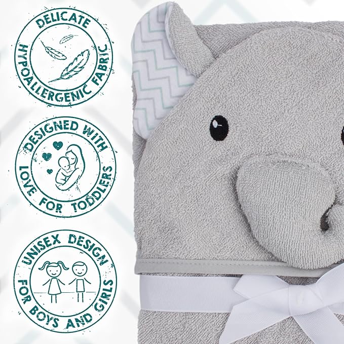 Hooded Baby Towels 33 x 33 Inch. White Terry Cotton Bath Towels Hooded with Bear Face and Ears. Hooded Towels for Baby. Soft Toddler Towels for Boy, Girl. Absorbent Hooded Towel