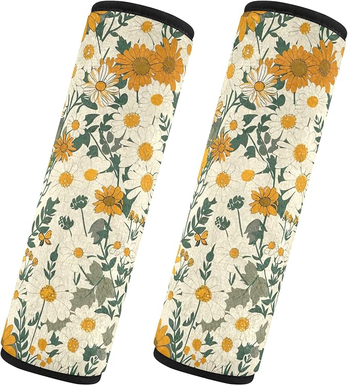 CHIFIGNO 2Pcs Vintage Daisies and Wildflowers Seat Belt Cover Pad Comfortable Car Seat Strap Cover Shoulder Pads Car Accessories for Adults Kids Women Men