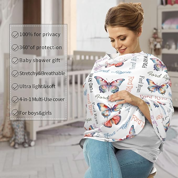 Personalized Baby Car Seat Cover with Name Stroller Canopy Custom Butterfly Carseat Cover Newborn Baby Boy Girl Nursing Cover for Moms First Birthday Gift