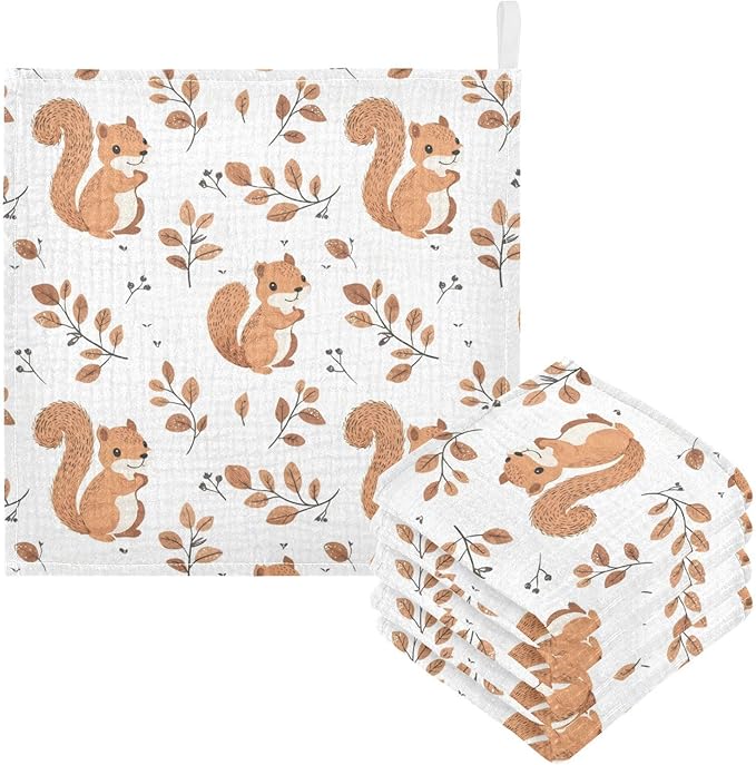 vvfelixl Baby Muslin Washcloths Cute Squirrel with Tail Baby Burp Cloths Cotton Babys Face Towel for Newborn Infants Boys Girls Soft and Absorbent 11.8 X 11.8 in, 3 Pack
