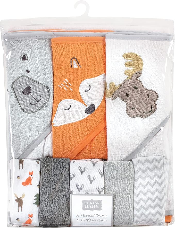 Hudson Baby Unisex Baby Animal Hooded Towel 3pk and 15 Washcloths, Woodland, One Size