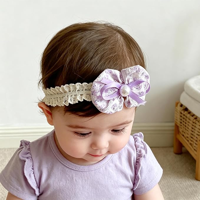 Baby Girls Hairbands Bow Lace Headband Handmade Soft Stretchy Pink Bowknot Hairbands Newborn Hairband with Bows Elastic Hair Bands for Kids Infant(Purple Pearl Bow