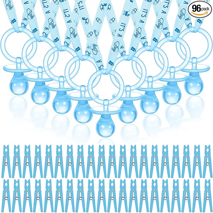 Coume 48 Sets Baby Shower Pacifiers Necklace with Mini Clothes Pins Acrylic Pacifier Bulk Newborn Party Favors for Women Men Baby Shower Decorations Gender Reveal Party Supplies(Blue)