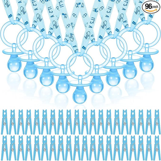 Coume 48 Sets Baby Shower Pacifiers Necklace with Mini Clothes Pins Acrylic Pacifier Bulk Newborn Party Favors for Women Men Baby Shower Decorations Gender Reveal Party Supplies(Blue)