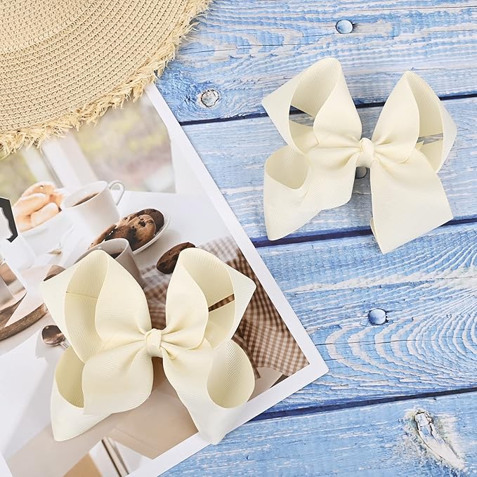DEEKA 2 PCS 6" Big Hand-made Grosgrain Ribbon Solid Color Hair Bows Alligator Clips Hair Accessories for Little Teen Toddler Girls Kids Set of 2 -Ivory