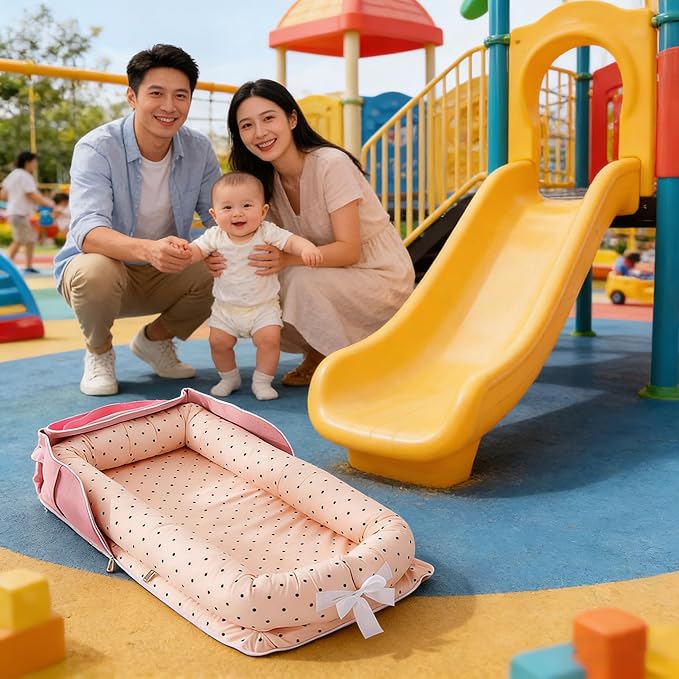 Baby Lounger for Newborn Portable Bag,Baby Nest Play Gym mat with Strap,Newborn Lounger Adjustable Size & Inner Zipper Lengthen Space to 24 Months(Pink Polka Dots)