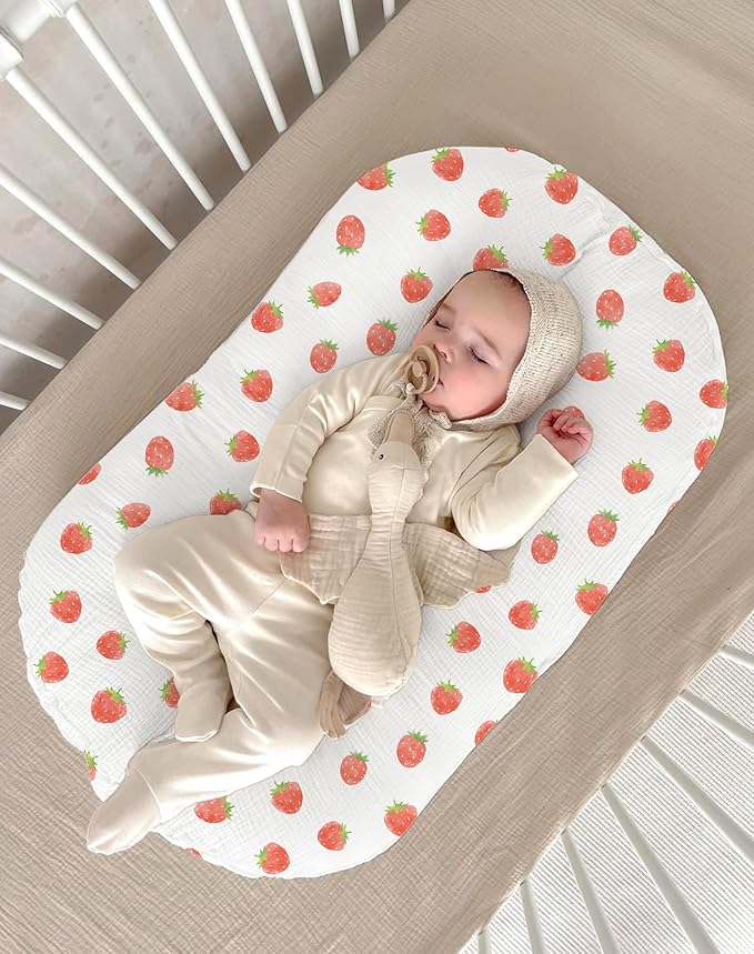 Muslin Baby Lounger Cover 2 Pack, Soft Breathable Newborn Lounger Pillow Cover for Boys Girls Infant (Strawberry & Pale Pink)