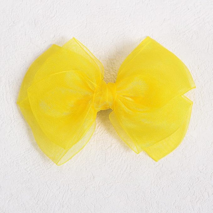 Daffodil Yellow Mesh Hair Bow Clips 4IN Organza Double Tulle Ribbon Bowknot Alligator Barrettes for Teens Toddler Girl Spring Summer Fall Dress outfit Decor Accessory Easter Gift