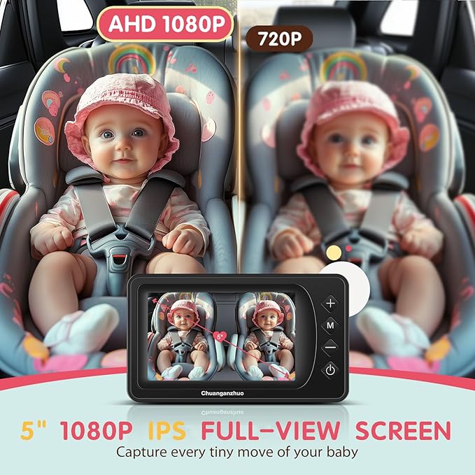 Baby Car Camera USB with No.1 Clarity, 5'' HD 1080P IPS Baby Car Monitor with 3X Zoom, Backseat/Carseat/Rear Seat Camera with Ultra Night Vision, Easy No-Damage Install, S100P(5inch Black)
