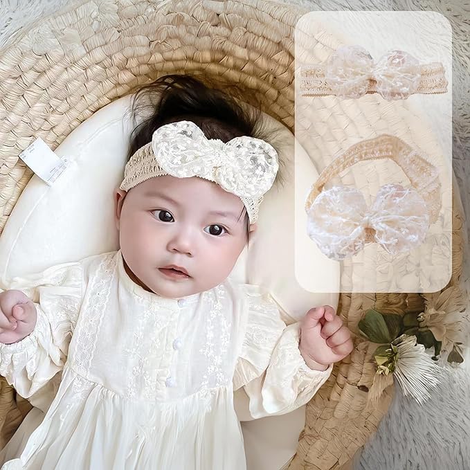 Lace White Bow-knot Baby Girls Headband Birthday Shower Infant Wrap Elastic Flower Baby Turban Hairband for Newborn Infant Toddler Kids (Ivory B, Elastic)