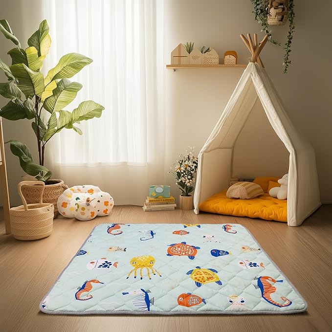 Sinhaklóho 50" x50" Foldable Thicker Foam Baby Play Mat for Playpens & Floors - Soft, Non-Slip & Odor-Free Crawling Mat for Infants & Toddlers, Machine Washable, Ocean Wonders Design