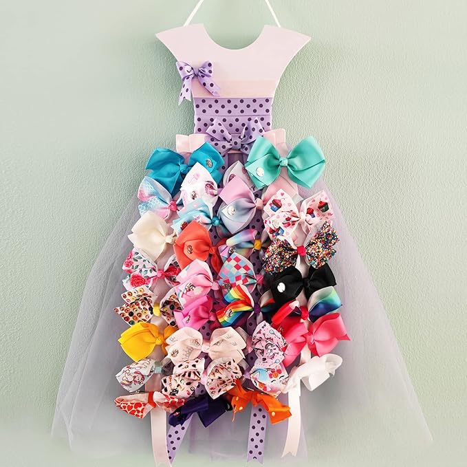 Bow Holder for Girls Hair Bows, Purple Princess Dress Hairbow Organizer, Wall Hanger Bow Rack Organizer for Girls Baby Room