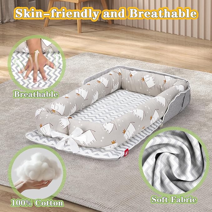Baby Lounger for Newborn-Portable Baby Lounger 0-24 Months for Home and Travel,Newborn Loungers with Strap, Baby Nest Lounger Adjustable Size,Little Elephant Grey