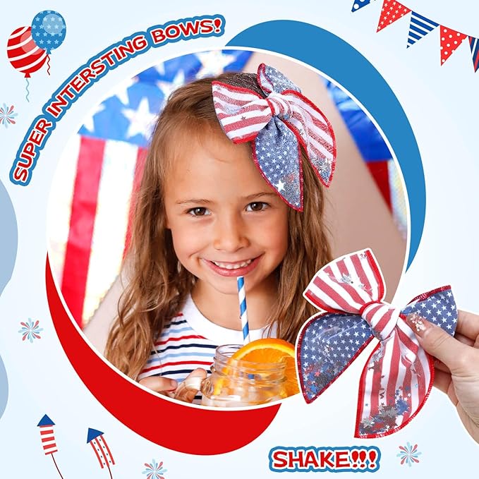 CN 6PCS 4th of July Tulle Hair Bows for Girls, American Flag Bows, Blue Red Stripes Hair Accessories Clips with Glitter Patriotic Stars Alligator Toddler Girls for Independence Day (Type I)
