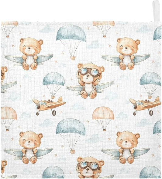 vvfelixl Baby Muslin Washcloths Cute Bear Pilot Baby Burp Cloths Cotton Babys Face Towel for Newborn Infants Boys Girls Soft and Absorbent 11.8 X 11.8 in, 3 Pack