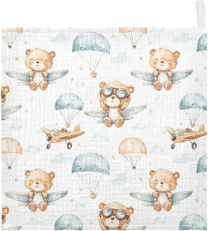 vvfelixl Cute Bear Pilot Baby Burp Cloths Baby Muslin Washcloths for Boys Girls Cotton Babys Face Towel for Newborn Infants Soft and Absorbent 11.8 X 11.8 in, 5 Pack
