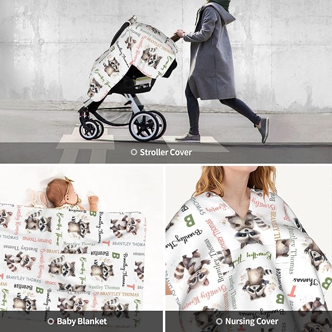 Personalized Winter Baby Car Seat Cover with Name Raccoon Winter Car Seat Cover for Baby Seat or Stroller Custom Infant Car Seat Covers Minky Blankets Nursing Cover Breastfeeding Scarf
