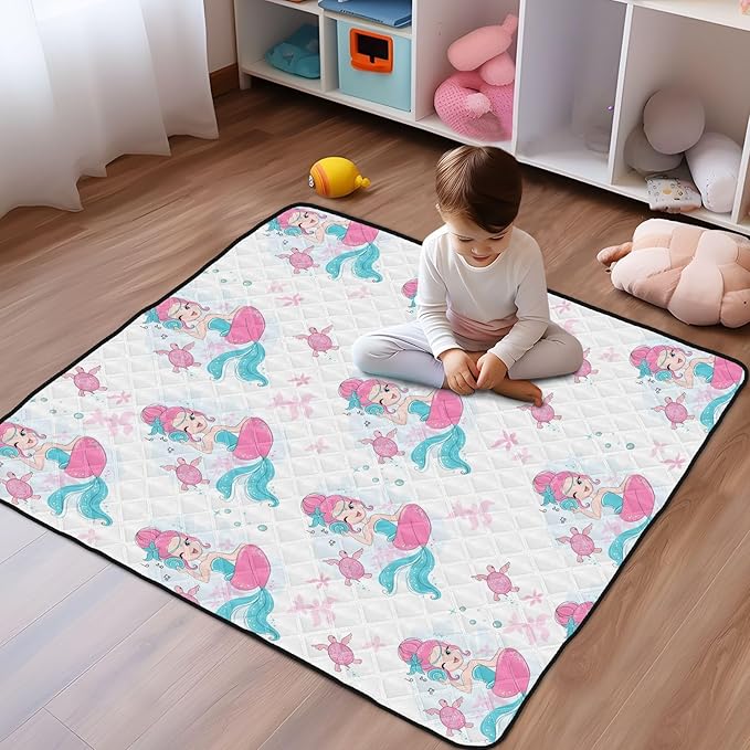 Baby Play Mat Beautiful Mermaid and Turtle 50 x 50 Playpen Mat Baby Play Mats for Floor Play Gym Crawling Mat Non-Slip Cushioned Baby Playmat for Infants, Babies, Toddlers
