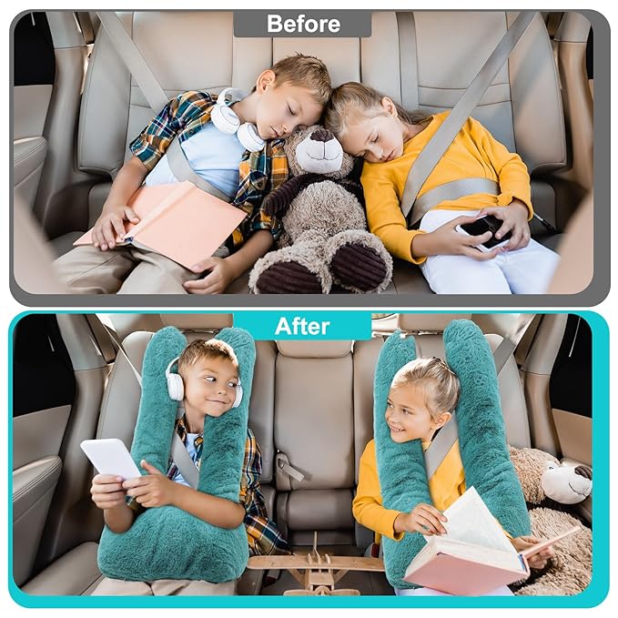 Hoteam 2 Pcs Travel Pillow Car Sleeping Kid Neck U Shaped for The Back Seat Adults Children Head and Body Support Long Distance Journey Accessories (Turquoise)