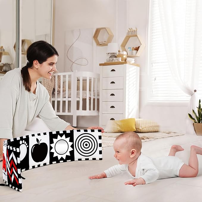 Yeeeasy Tummy Time Baby Toys for Newborn 0-6 Months, Double-Sided High Contrast Black and White Baby Book with Mirror, Montessori Sensory Crinkle Soft Toys for Infant Brain Development 0-12 Months