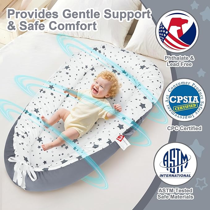Baby Lounger for Newborn 0–24 Months, Portable Infant Seat with Ergonomic Support, Breathable Cotton Baby Chair for Tummy Time, Diaper Changes, and Travel Use (Stellar)
