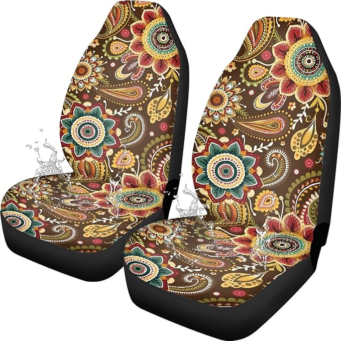 Boho Flower Car Front Seat Cover, Women's Auto Car Seat Covers Protector Universal Car Interior Accessories Automobile Seat Cover for Most Cars Truck Van SUV, 2 Pack