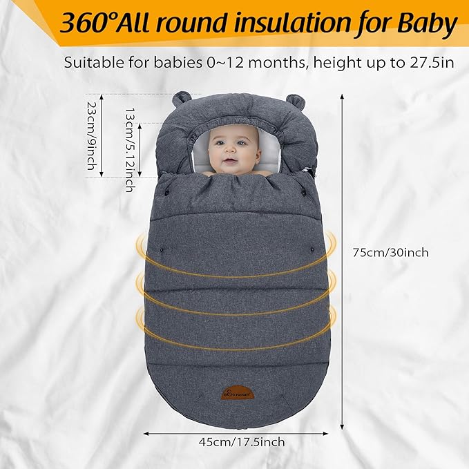Universal Footmuff for Stroller, Baby Bunting Bags, Winter Windproof Warm Pram Footmuffs, Water Resistant Sleeping Bag with Hood for Strollers, Pushchairs, Prams, Car Seat, 30"*17.5"