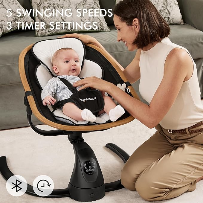 Angelbliss Baby Swing with Cry Detection, Side-to-Side Electric Swing with 5 Speeds, 180° Rotation, Indoor for Infants and Toddlers (Black)