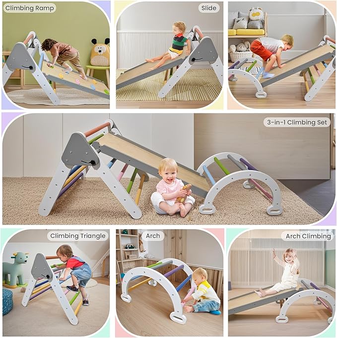 Pikler Triangle Climbing Set for Toddler 7 in 1 Rainbow Indoor Climber Set Foldable Montessori Wooden Climbing Toy with Ramp and Arch Indoor Gyms Playground for Toddlers Kids
