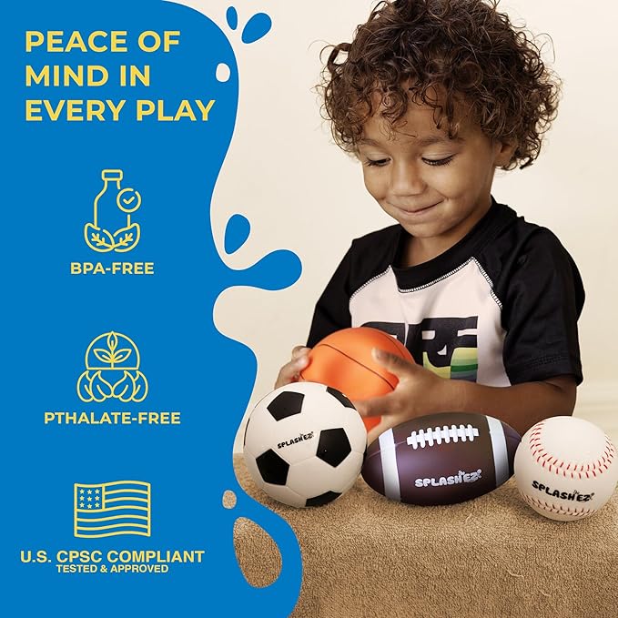 SplashEZ Baby Sports Bath Toys | Mold Free Bath Toys for Kids & Toddlers with No Hole for Water | Balls Set Ideal Size for Little Hands | Safe, Durable for Baby Tub Pool Fun for Boys Girls Ages 0 & Up