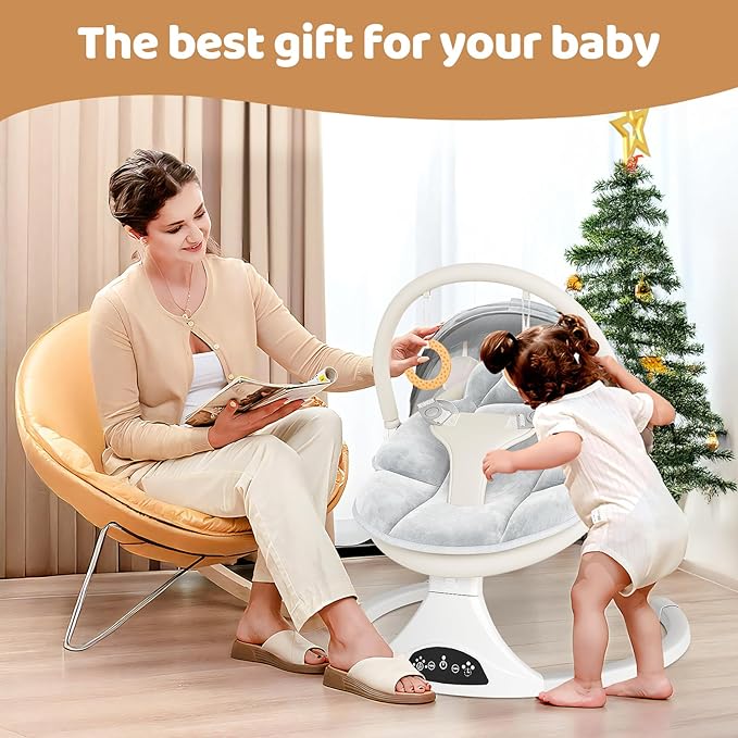 Electric Baby Swing with Remote Control - 5 Natural Motion Speeds, Detachable Seat Pad | Portable Infant Swing for Indoor/Outdoor Use (0-6M, 20lbs) (Beige)