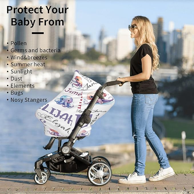 Personalized Baby Car Seat Cover with Name Stroller Canopy Custom Octopus Carseat Cover Newborn Baby Boy Girl Nursing Cover for Moms First Birthday Gift