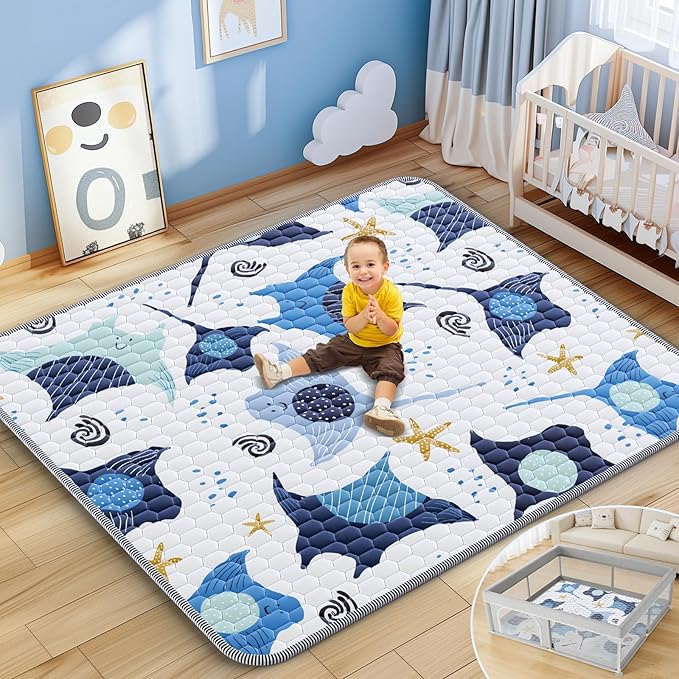 omzer Baby Play Mat, 71x59 Inch Large & Thick & Soft Cushioned Playmat for Playpen, Non-Slip Floor Mat for Crawling Infants & Toddlers with Safety Silicone Backing, Machine Washable - Blue